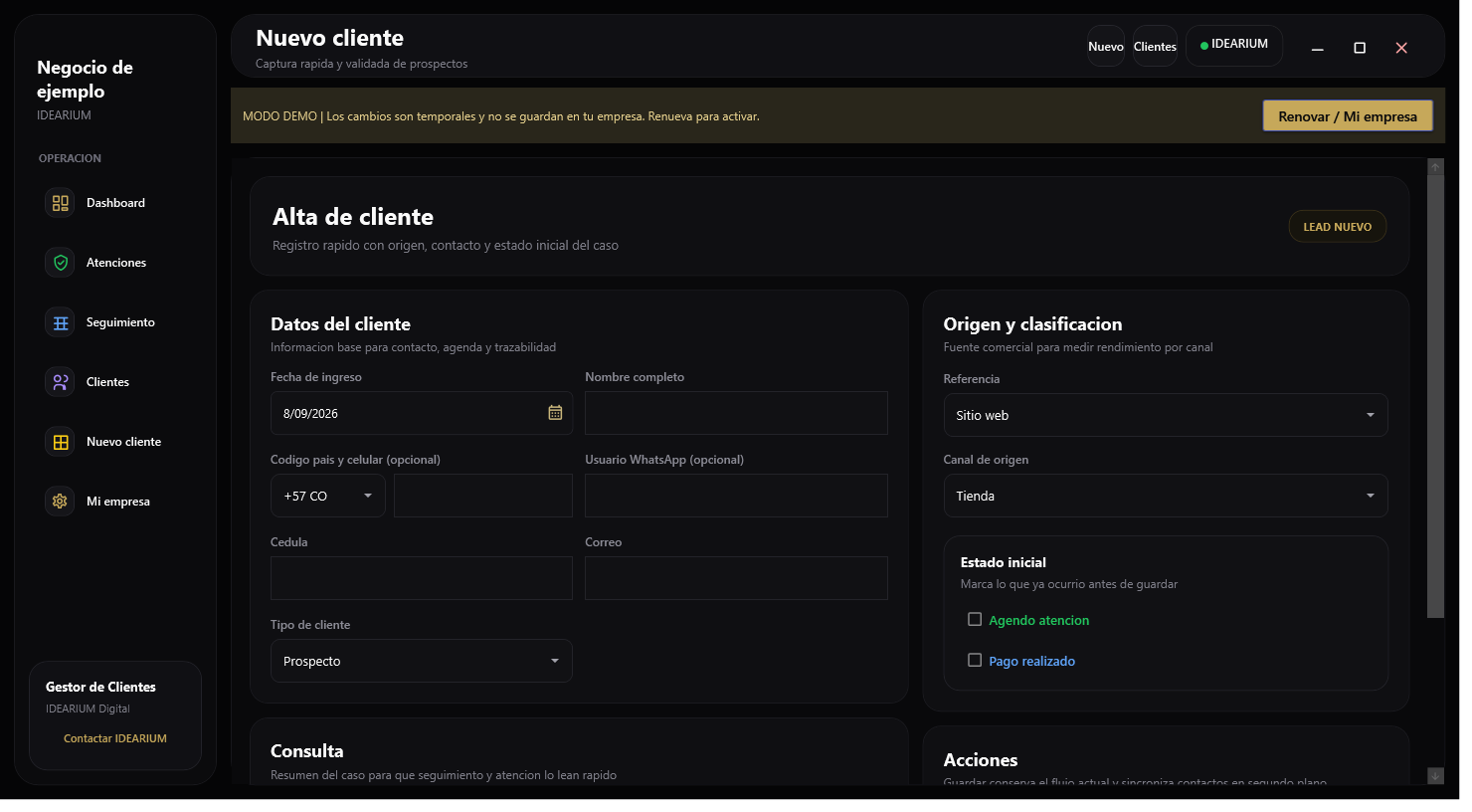 Registro de nuevo cliente Gestor IDEARIUM