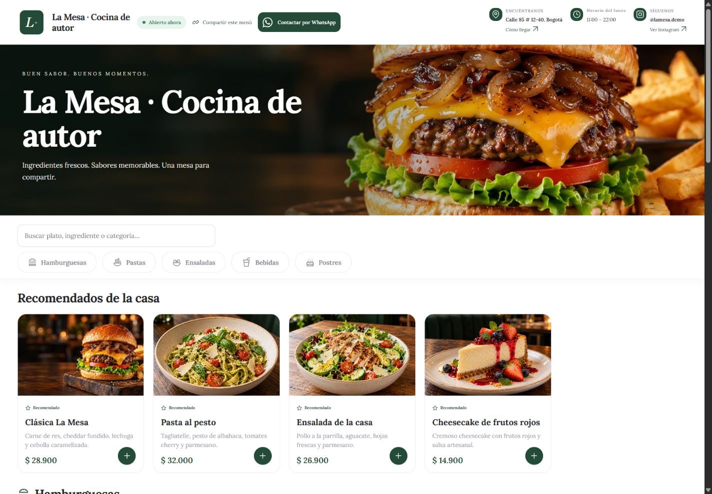 Menú digital del restaurante de demostración La Mesa visto en computador