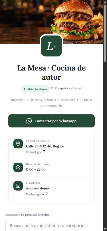 Presentación del restaurante ficticio La Mesa en la versión móvil del menú digital