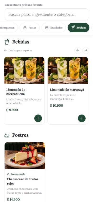 Tarjetas de platos y precios del menú digital en celular