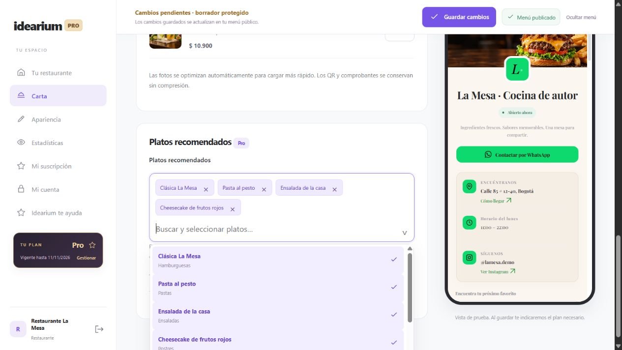 Selección de platos recomendados dentro del plan Pro