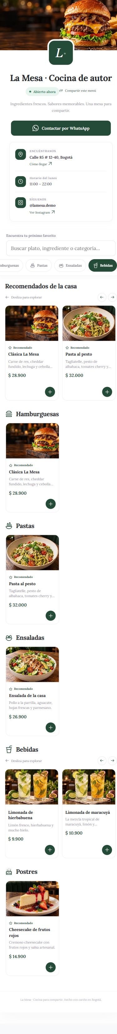 Captura completa del menú La Mesa para explorar con desplazamiento interno
