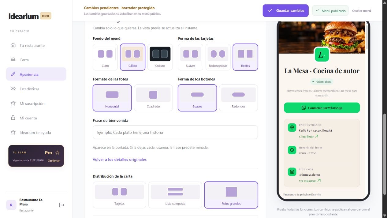 Panel de personalización visual y vista previa de Idearium Menús