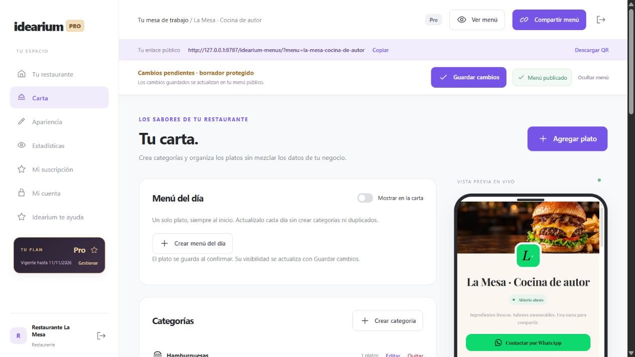 Panel para crear y administrar manualmente el Menú del día